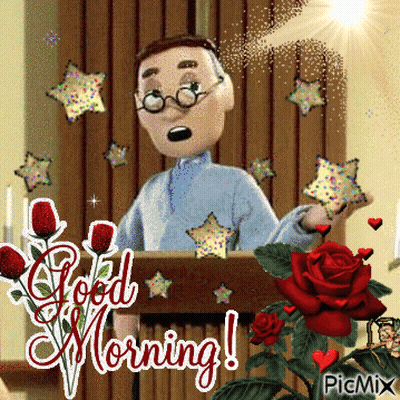 A Cartoon Of A Man Giving A Speech With The Words Good Morning On The Bottom GIF