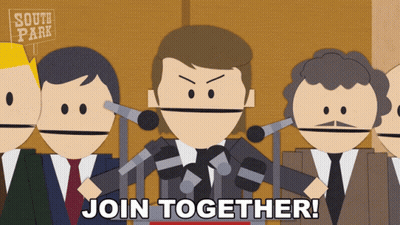 A Cartoon Of A Man Giving A Speech With The Words Join Together Below Him GIF