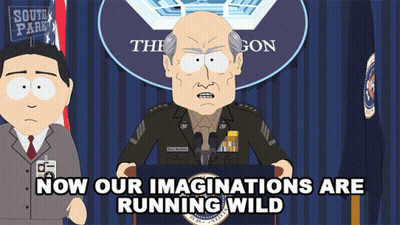 A Cartoon Of A Man Giving A Speech With The Words Now Our Imaginations Are Running Wild Below Him GIF