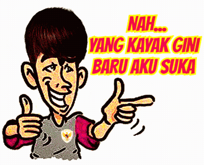 A Cartoon Of A Man Giving A Thumbs Up With The Words " Nah Yang Kayak Gini Baru Aku Suka " Above Him GIF