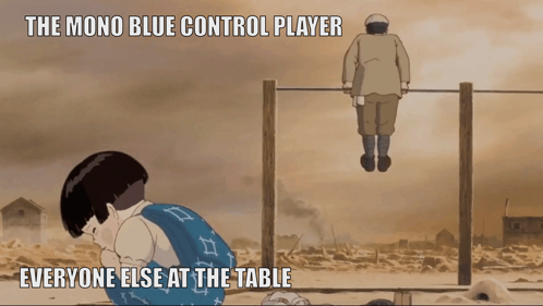 A Cartoon Of A Man Hanging From A Bar With The Caption " The Mono Blue Control Player Everyone Else At The Table " GIF