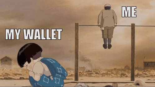 A Cartoon Of A Man Hanging From A Bar With The Words " My Wallet " On It GIF