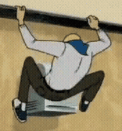 A Cartoon Of A Man Hanging On A Railing . GIF
