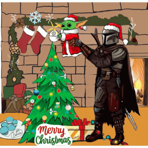 A Cartoon Of A Man Holding A Baby In Front Of A Christmas Tree With The Words Merry Christmas Written On It GIF