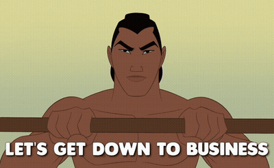 A Cartoon Of A Man Holding A Bar With The Words Let 'S Get Down To Business GIF