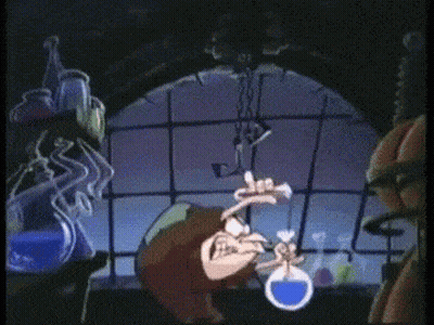 A Cartoon Of A Man Holding A Beaker In Front Of A Window With Ghosts Behind Him GIF