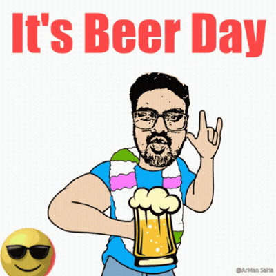 A Cartoon Of A Man Holding A Beer With The Words It 'S Beer Day GIF