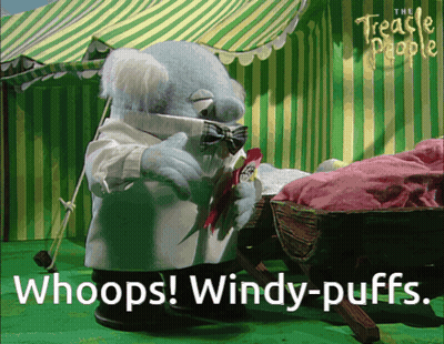 A Cartoon Of A Man Holding A Bird With The Words Whoops Windy-Puffs GIF