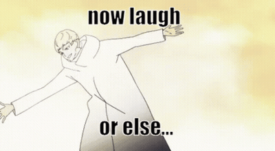 A Cartoon Of A Man Holding A Blanket With The Words `` Now Laugh Or Else . '' GIF