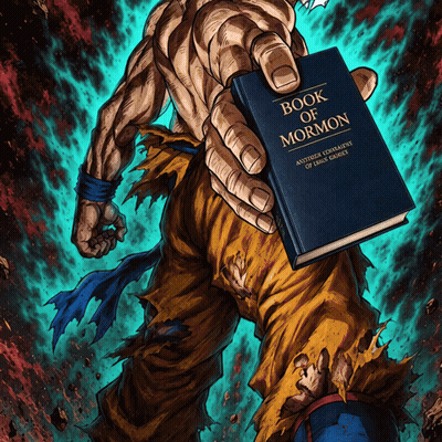 A Cartoon Of A Man Holding A Book Called Book Of Mormon GIF