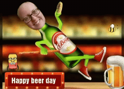 A Cartoon Of A Man Holding A Bottle Of Beer And A Happy Beer Day Sign GIF