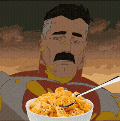 A Cartoon Of A Man Holding A Bowl Of Cereal With A Spoon In It GIF