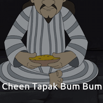 A Cartoon Of A Man Holding A Bowl Of Food With The Words Cheen Tapak Bum Bum Underneath Him GIF