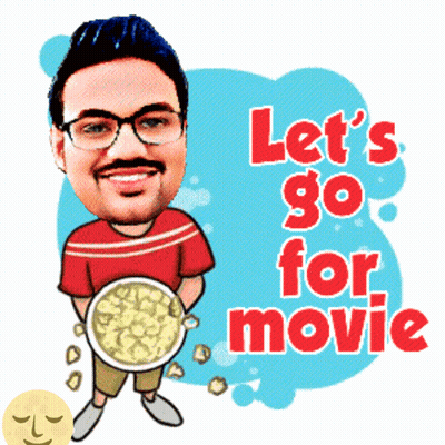 A Cartoon Of A Man Holding A Bowl Of Popcorn With The Words Let 'S Go For Movie Behind Him GIF