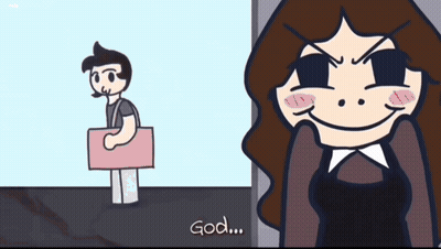 A Cartoon Of A Man Holding A Box And A Woman Saying " God " GIF