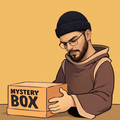 A Cartoon Of A Man Holding A Box That Says Mystery Box GIF