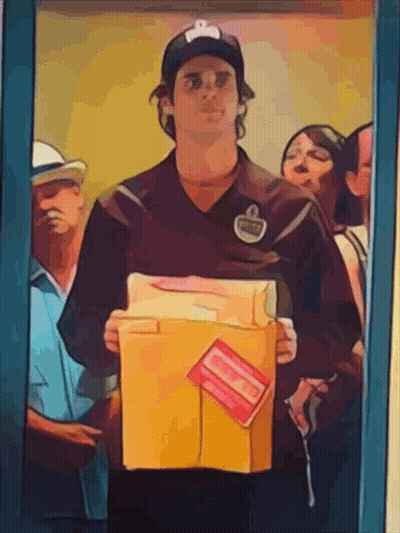 A Cartoon Of A Man Holding A Box With A Sticker That Says ' Priority Mail ' On It GIF