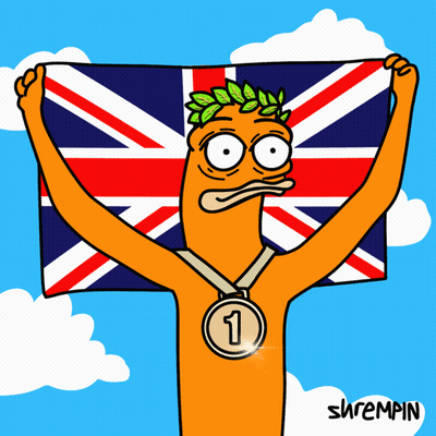 A Cartoon Of A Man Holding A British Flag And Wearing A Medal With The Number 1 GIF