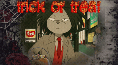 A Cartoon Of A Man Holding A Bucket Of Candy With The Words Trick Or Treat Written Above Him GIF