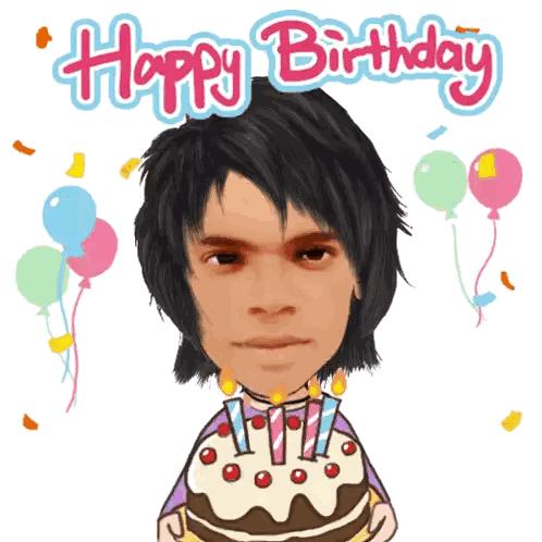 A Cartoon Of A Man Holding A Cake With Candles And The Words Happy Birthday Behind Him Sticker