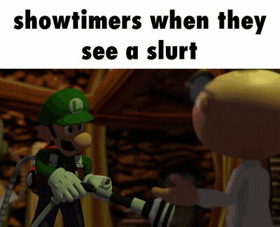 A Cartoon Of A Man Holding A Camera With The Caption Showtimers When They See A Slut GIF
