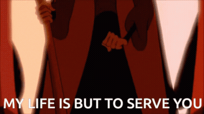 A Cartoon Of A Man Holding A Cane With The Words " My Life Is But To Serve You " Below Him GIF
