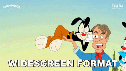 A Cartoon Of A Man Holding A Cartoon Character With The Words " Widescreen Format " Below It GIF