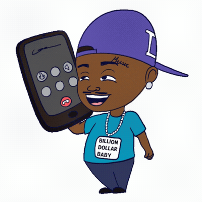A Cartoon Of A Man Holding A Cell Phone And Wearing A Blue Shirt That Says Billion Dollar Baby GIF