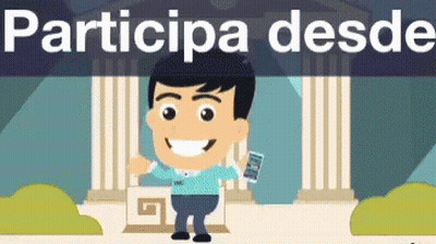 A Cartoon Of A Man Holding A Cell Phone In Front Of A Building That Says Participa Desdo GIF