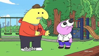 A Cartoon Of A Man Holding A Cell Phone With The Word Dude On It GIF