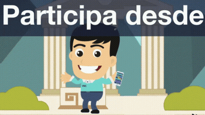 A Cartoon Of A Man Holding A Cell Phone With The Words Participa Desde Above Him GIF