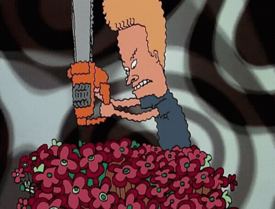A Cartoon Of A Man Holding A Chainsaw Over A Bunch Of Flowers GIF