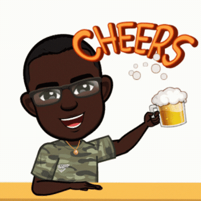 A Cartoon Of A Man Holding A Cup Of Beer With The Word Cheers Above Him GIF