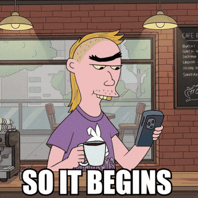 A Cartoon Of A Man Holding A Cup Of Coffee And Looking At His Phone With The Words So It Begins Below Him GIF