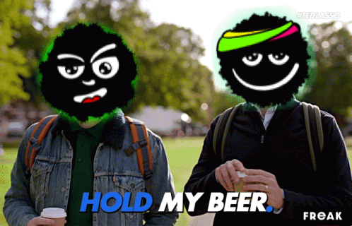 A Cartoon Of A Man Holding A Cup Of Coffee With The Words Hold My Beer Freak GIF