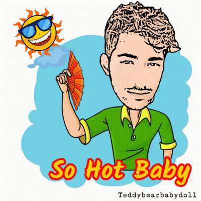 A Cartoon Of A Man Holding A Fan And The Words So Hot Baby GIF