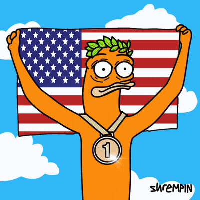 A Cartoon Of A Man Holding A Flag And A Medal With The Number 1 On It GIF