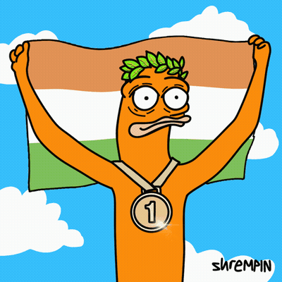 A Cartoon Of A Man Holding A Flag With A Medal Around His Neck That Says 2 GIF