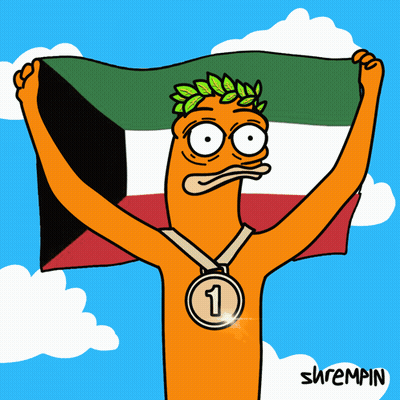 A Cartoon Of A Man Holding A Flag With A Medal Around His Neck With The Number 3 On It GIF