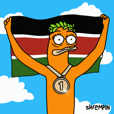 A Cartoon Of A Man Holding A Flag With A Medal Around His Neck With The Number 3 On It GIF