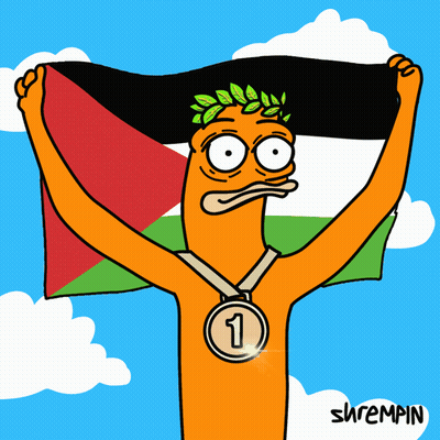 A Cartoon Of A Man Holding A Flag With A Medal Around His Neck With The Number 3 On It GIF