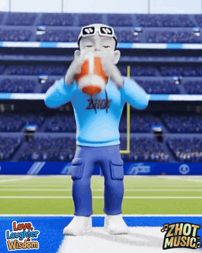 A Cartoon Of A Man Holding A Football With The Words Love Laughter Wisdom On The Bottom GIF