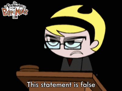 A Cartoon Of A Man Holding A Gavel With The Words " This Statement Is False " Below Him GIF