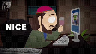 A Cartoon Of A Man Holding A Glass Of Wine In Front Of A Computer Screen That Says " Nice " GIF