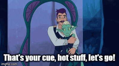 A Cartoon Of A Man Holding A Green Monster With The Words That 'S Your Cue Hot Stuff Let 'S Go GIF