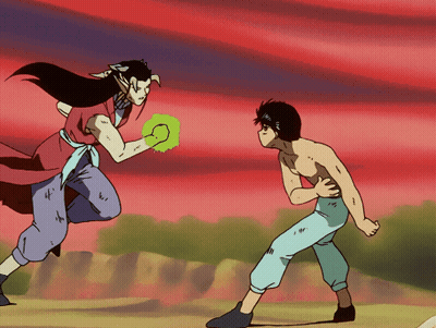 A Cartoon Of A Man Holding A Green Object And Another Man Standing Next To Him GIF
