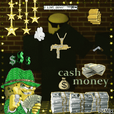 A Cartoon Of A Man Holding A Gun And A Bag Of Money With The Words Cash Money On It GIF