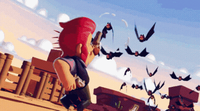 A Cartoon Of A Man Holding A Gun And Bats Flying In The Background GIF