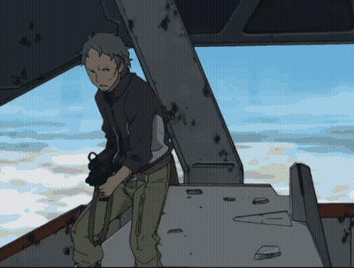 A Cartoon Of A Man Holding A Gun And Looking Out A Window GIF