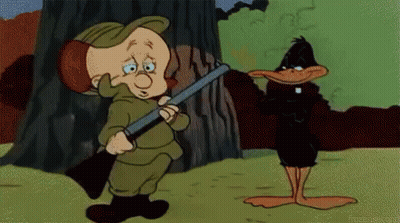 A Cartoon Of A Man Holding A Gun Next To A Black Duck GIF